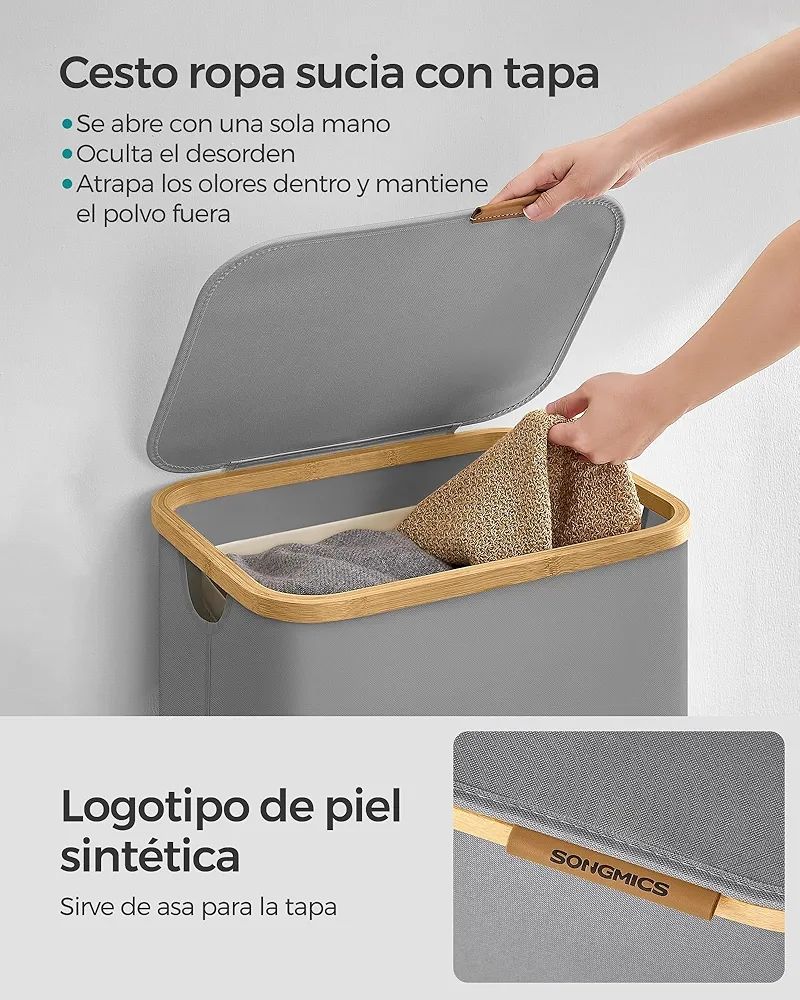 Cesta ropa SONGMICS LCB509G01E gris y bambú. - Imagen 3