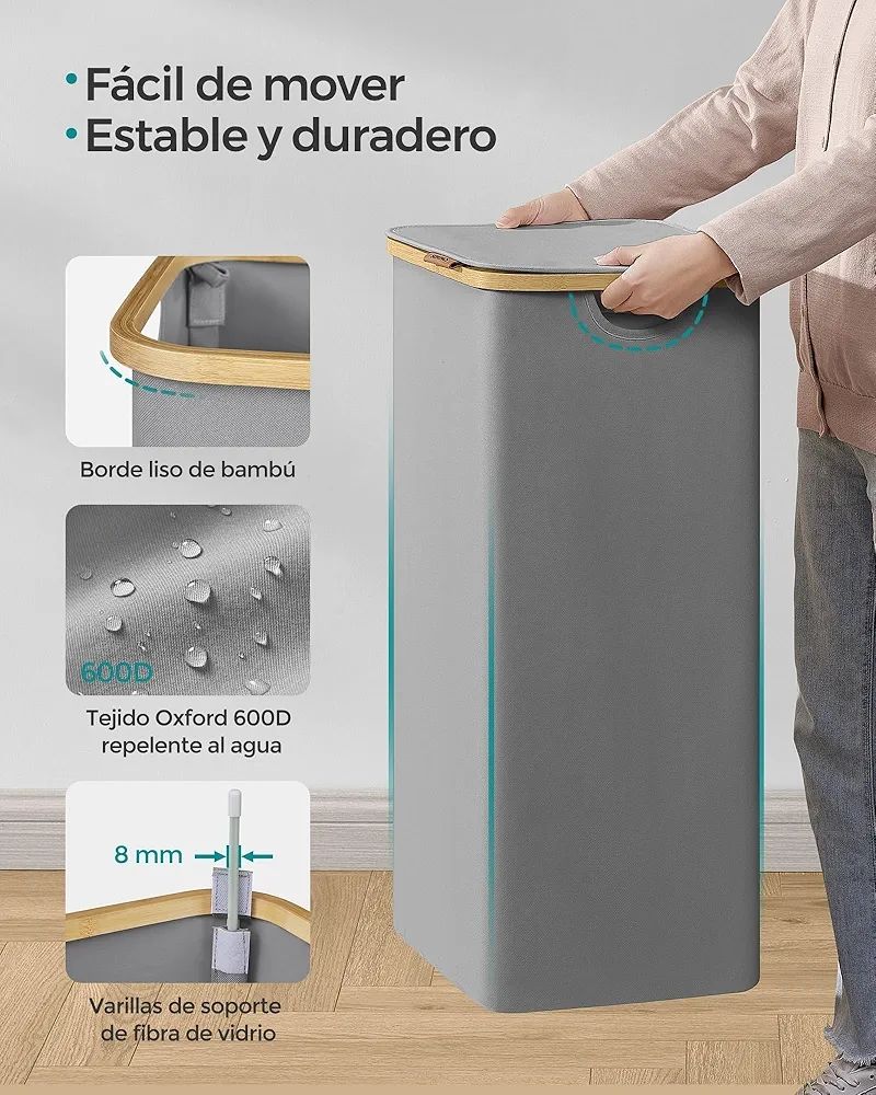 Cesta ropa SONGMICS LCB509G01E gris y bambú. - Imagen 4