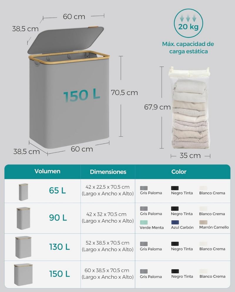 Cesto ropa SONGMICS con tapa - Gris - Imagen 4