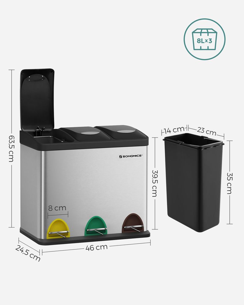 Cubo de Basura de Cocina Basurero Clasificador Papelera 3 x 8 L SONGMICS LTB24L - Imagen 2