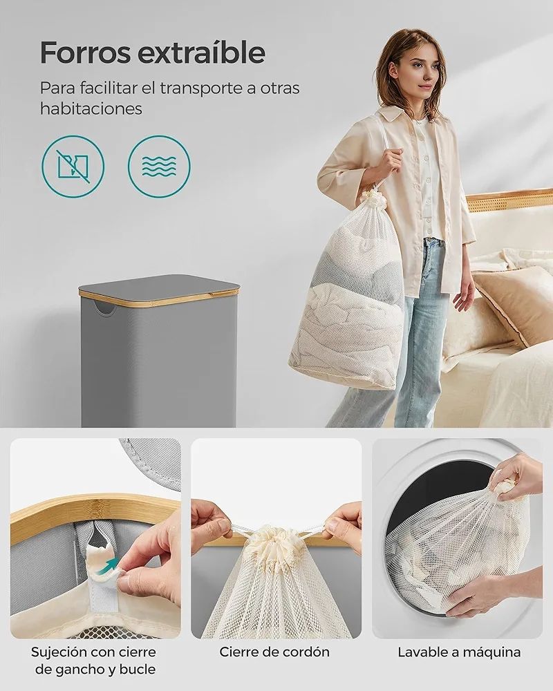 Cesta ropa SONGMICS LCB509G01E gris y bambú. - Imagen 2