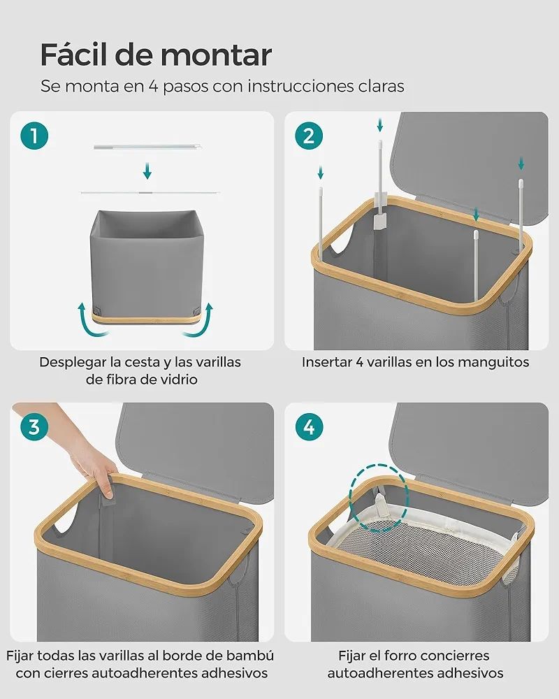 Cesta ropa SONGMICS LCB509G01E gris y bambú. - Imagen 5