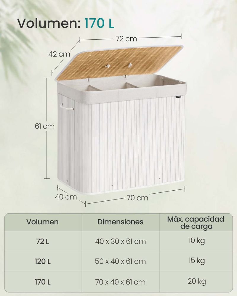 SONGMICS LBC013W01 Cesta para ropa sucia de 3 compartimentos