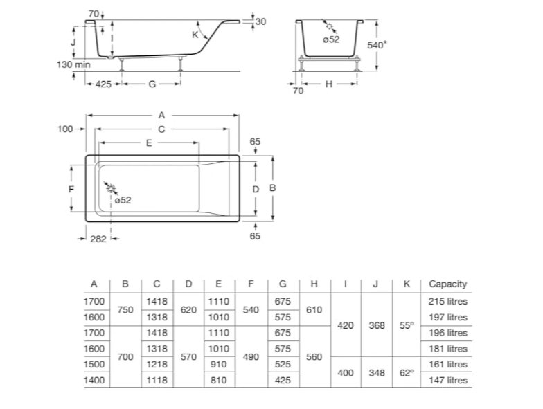Roca, Easy, Bañera acrílica rectangular, Blanco. - Imagen 2