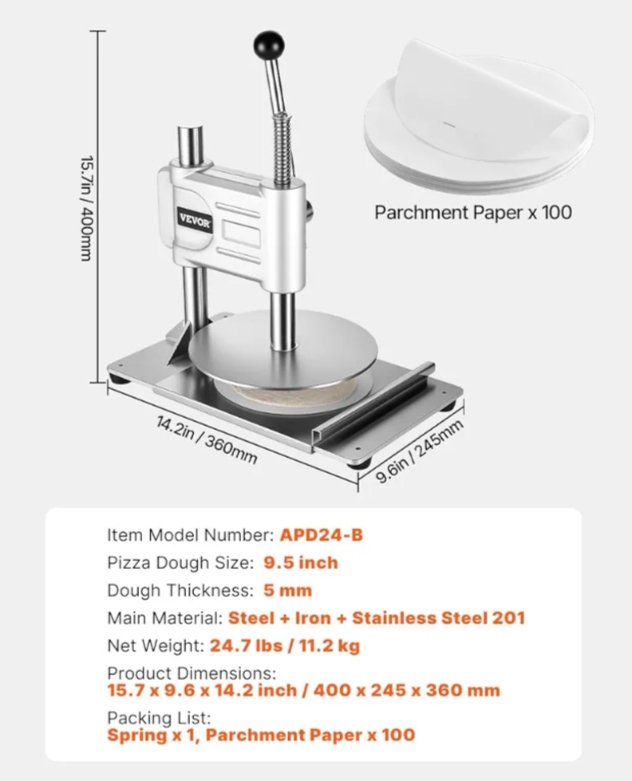 VEVOR Prensa Manual para Masa de Pizza, Placa de 24 cm,
