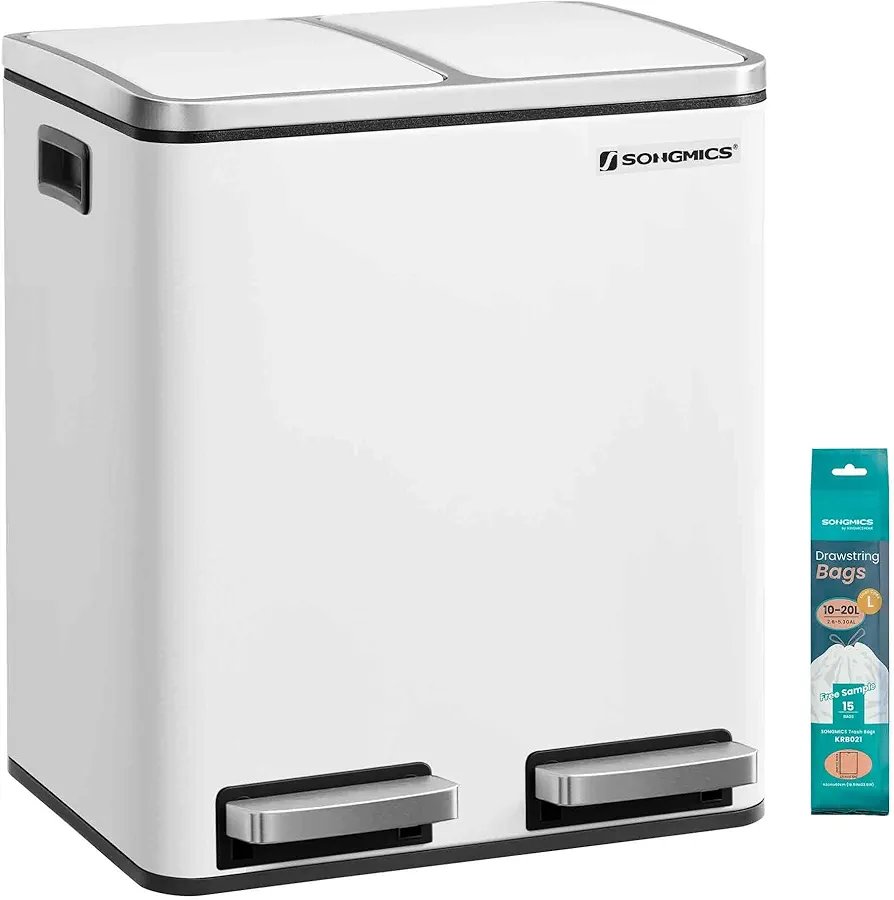 SONGMICS Cubo de Basura de Cocina, 2 x 15 L, Blanco Nube LTB30WT