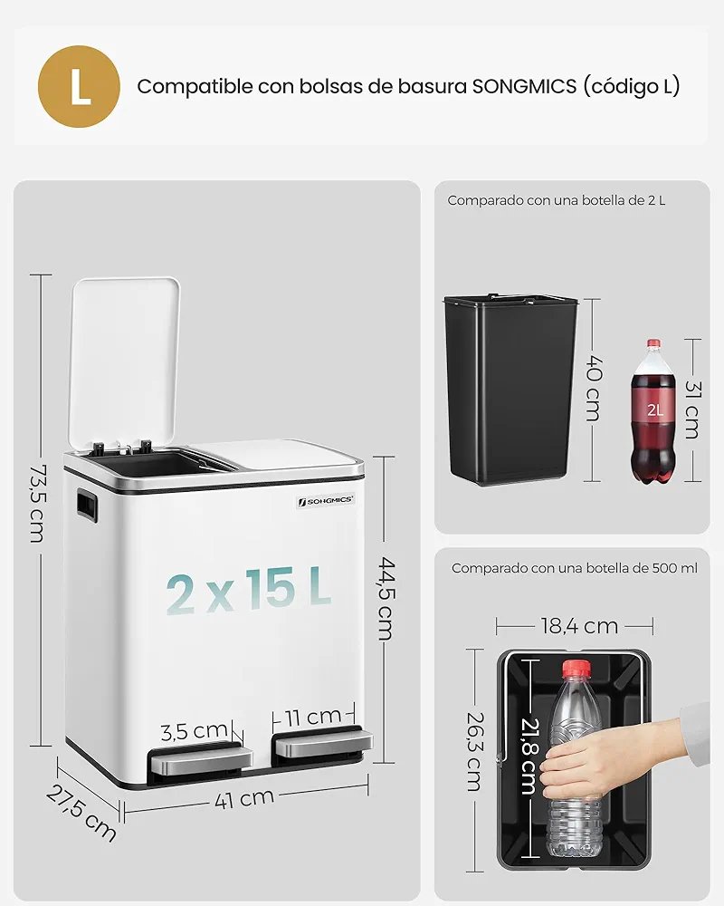 SONGMICS Cubo de Basura de Cocina, 2 x 15 L, Blanco Nube LTB30WT - Imagen 2
