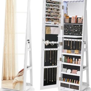 SONGMICS Espejo Joyero con 6 LEDs, Superficie Blanco y Forro Negro JJC007W01