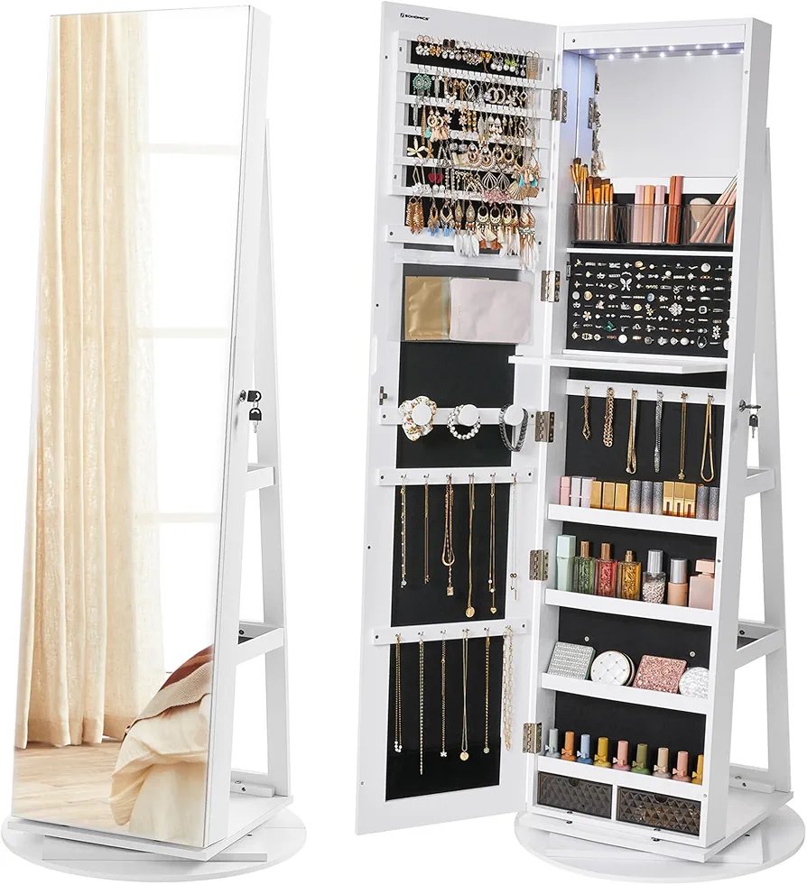 SONGMICS Espejo Joyero con 6 LEDs, Superficie Blanco y Forro Negro JJC007W01