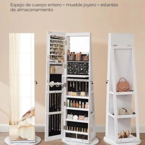 SONGMICS Espejo Joyero con 6 LEDs, Superficie Blanco y Forro Negro JJC007W01