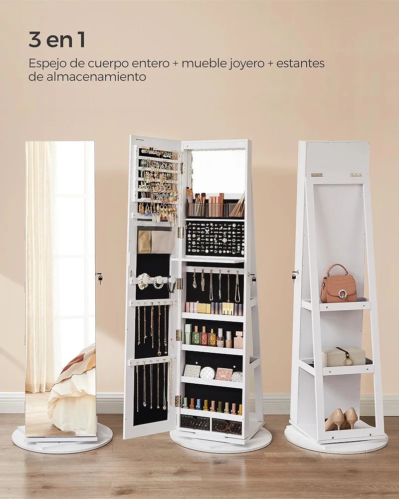 SONGMICS Espejo Joyero con 6 LEDs, Superficie Blanco y Forro Negro JJC007W01