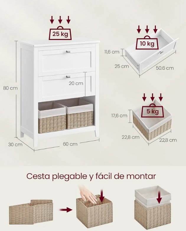 VASAGLE BBC545W02 Mueble de Baño, Armario de Baño, 2 Cajones