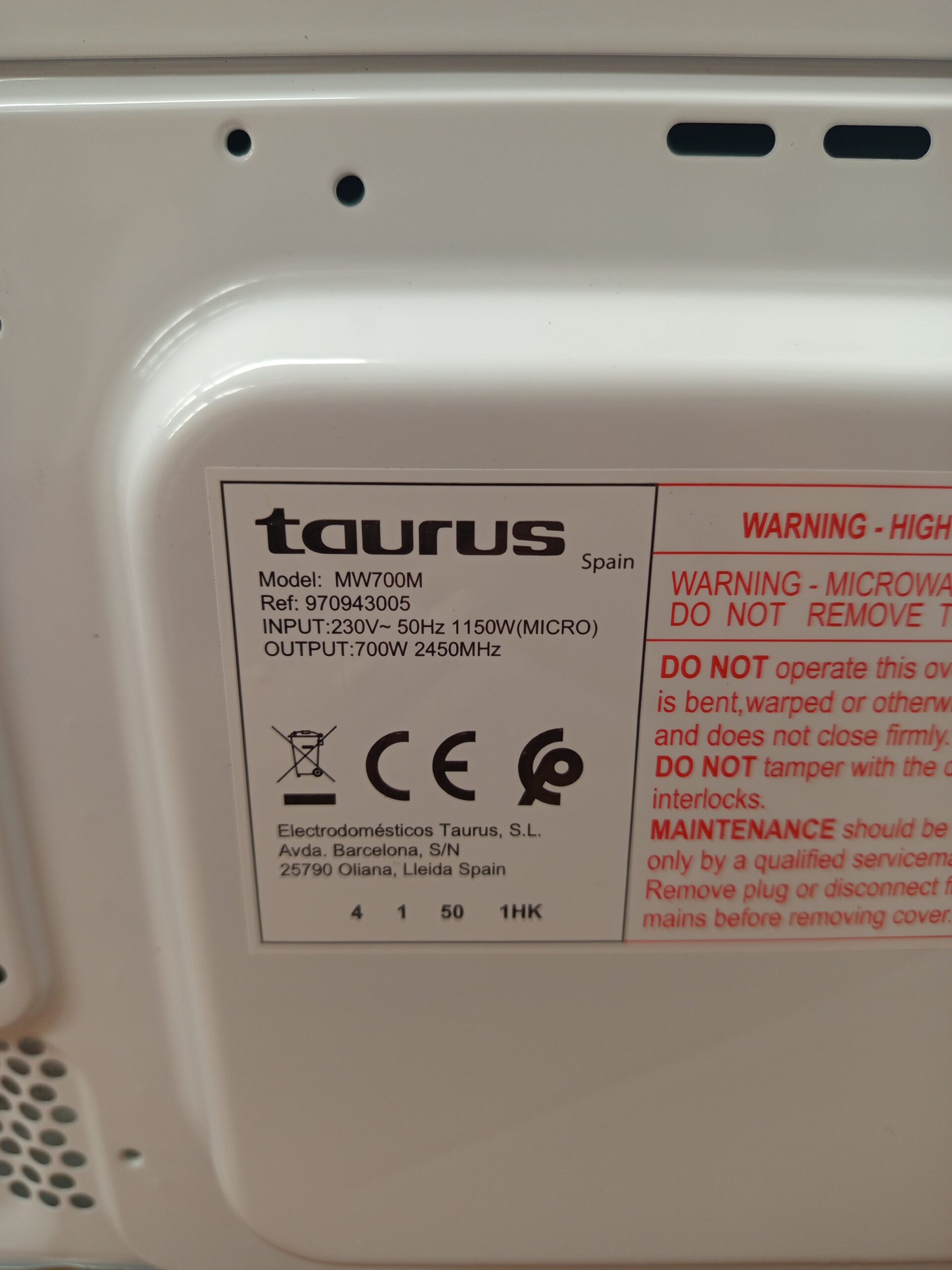 ProductoTaurus Microondas 20L, 700W, 5 potencias, Sin Grill. - Imagen 3