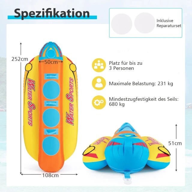 COSTWAY NP11601 Banana Boat Inflable Para 3 Personas con 3 Asientos - Imagen 2