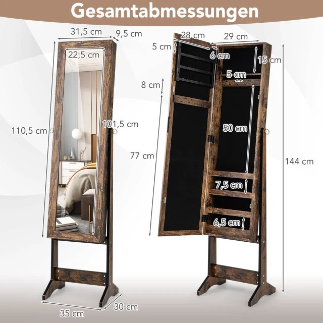 COSTWAY HW66419FG Estante para joyas ajustable con espejo de cuerpo entero - Imagen 2