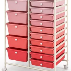 COSTWAY HW53825PI Carrito organizador multiusos con 15 cajones y ruedas Rosa