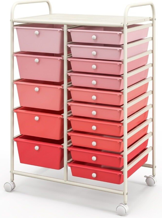 COSTWAY HW53825PI Carrito organizador multiusos con 15 cajones y ruedas Rosa