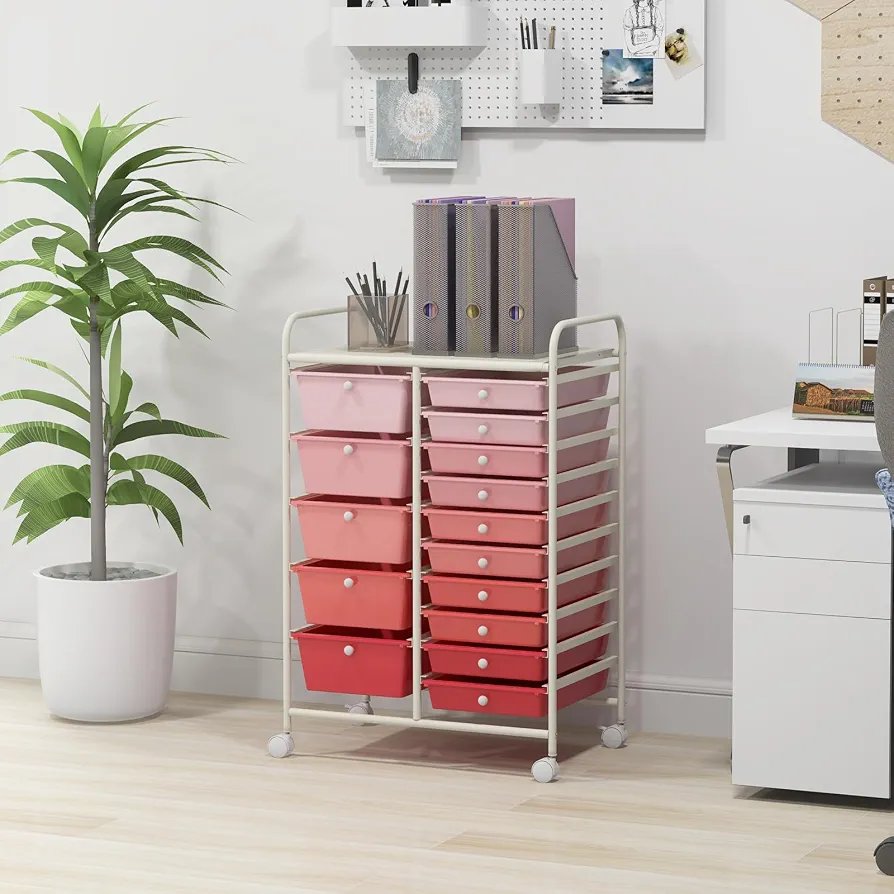 COSTWAY HW53825PI Carrito organizador multiusos con 15 cajones y ruedas Rosa - Imagen 2