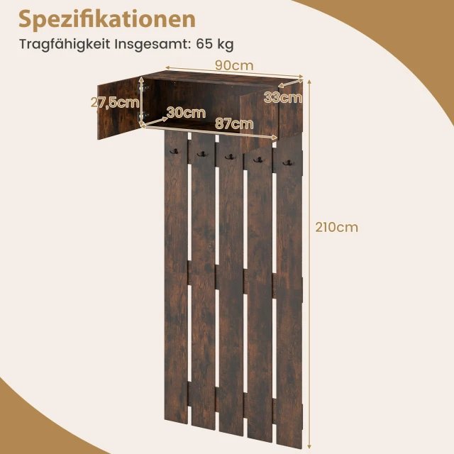 COSTWAY HU11039CF Elegante perchero de pared con 5 ganchos dobles y armario de doble puerta. - Imagen 2