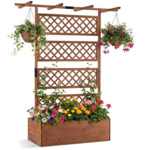 Costway Jardinera elevada de madera con celosía - Marrón