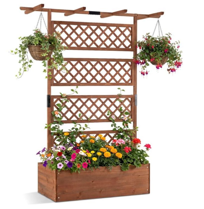 Costway Jardinera elevada de madera con celosía - Marrón