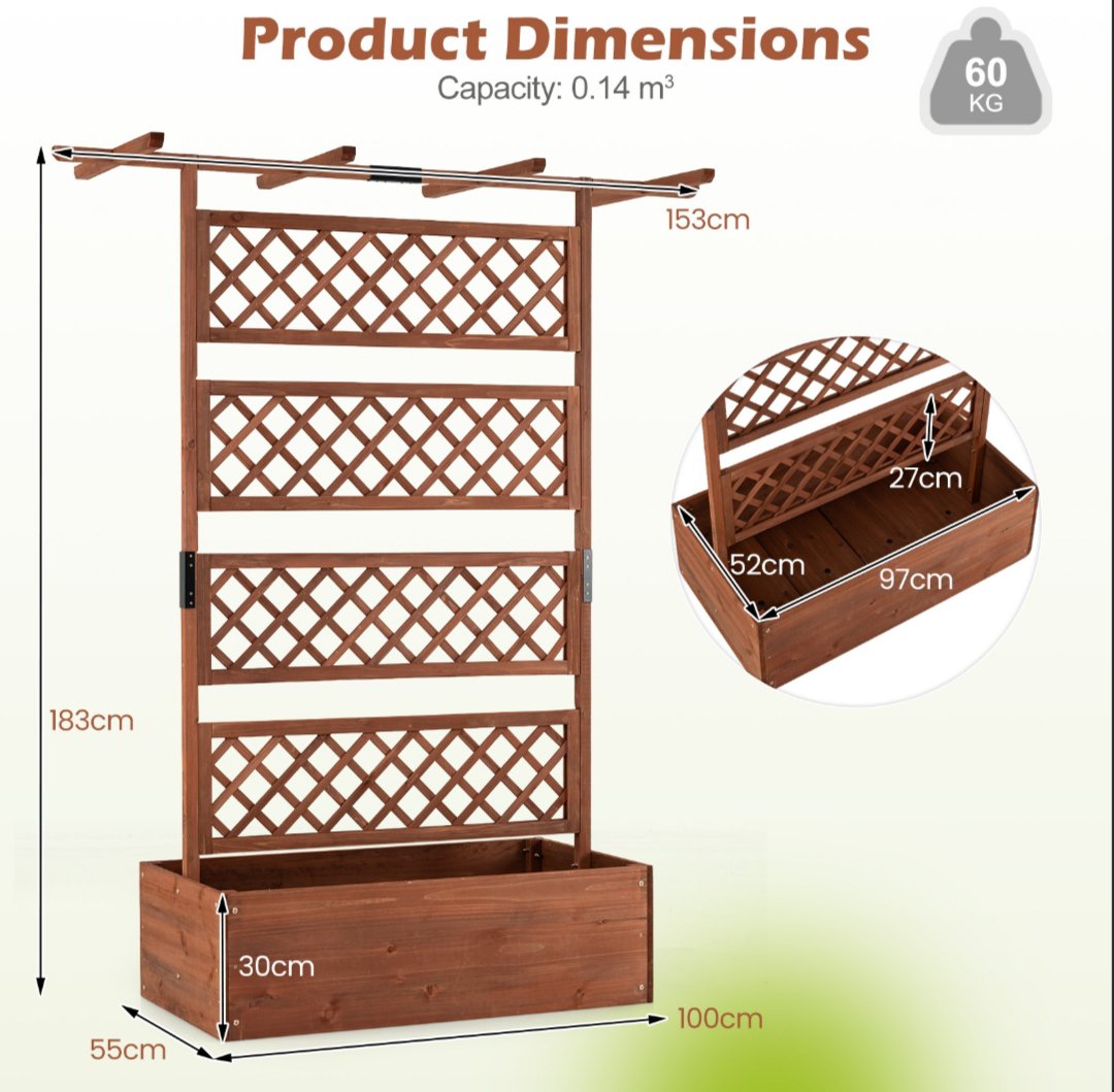 Costway Jardinera elevada de madera con celosía - Marrón - Imagen 2
