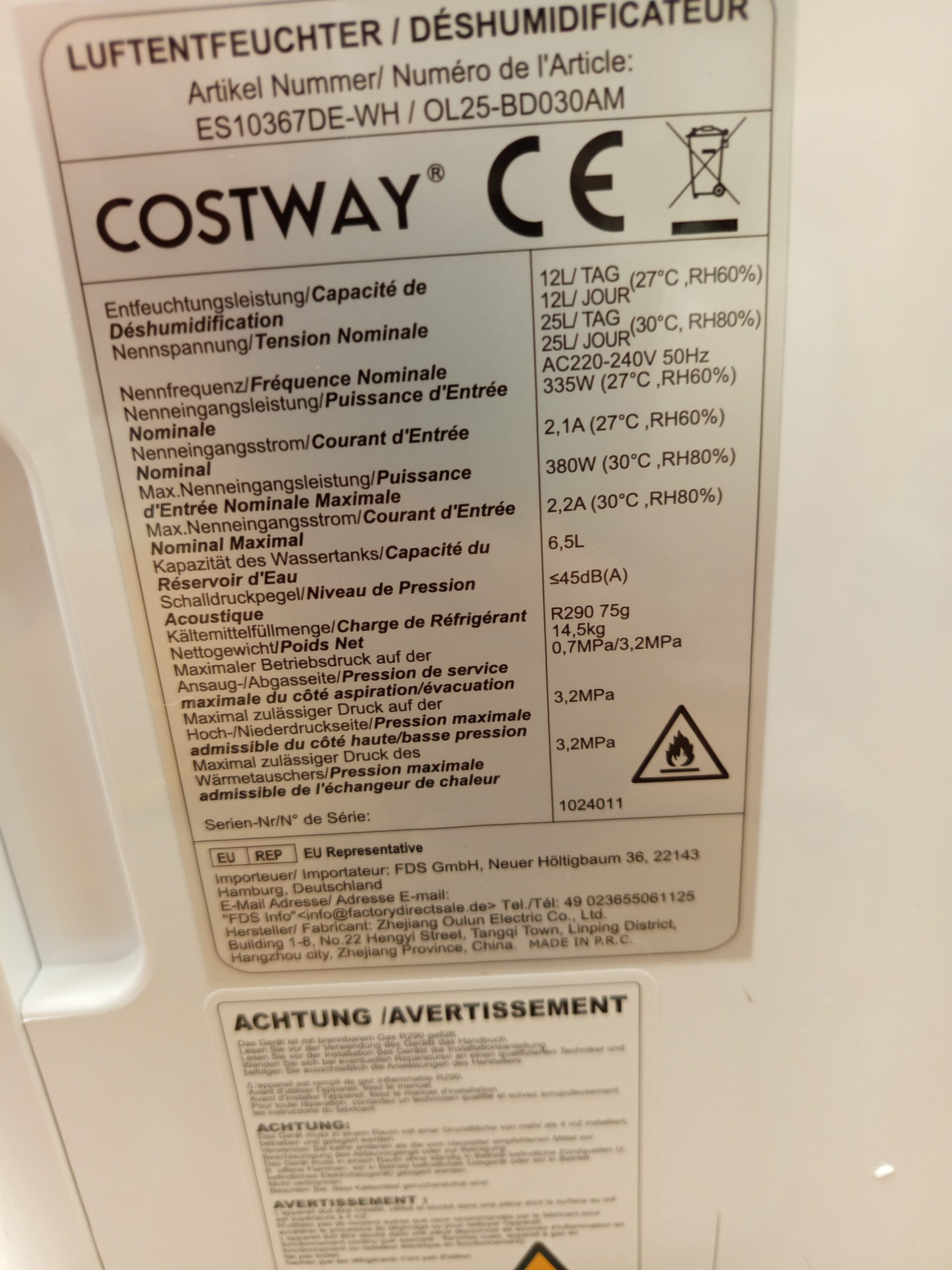 Costway Deshumidificador 65 W 25 L - Imagen 3
