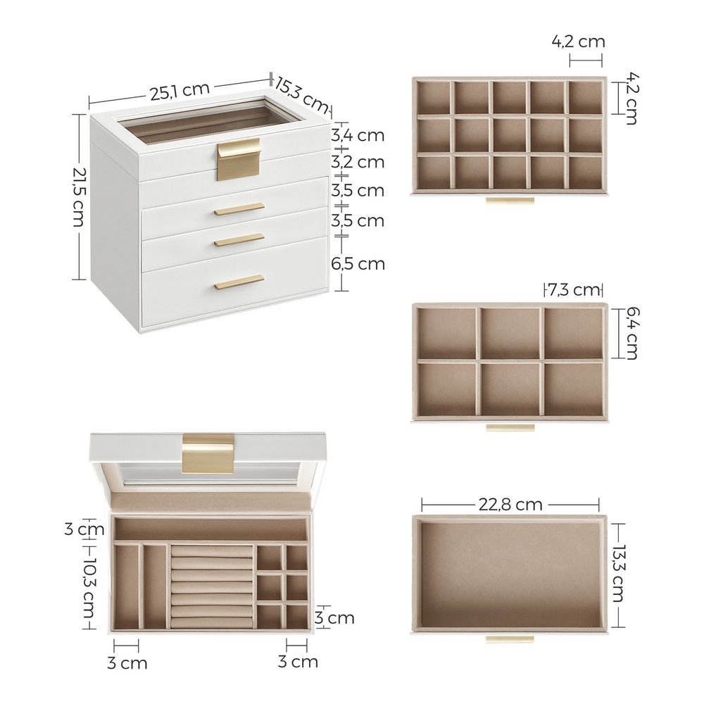 SONGMICS JBC161W01 Caja Joyero de 4 Niveles Blanco Nube y Dorado - Imagen 2