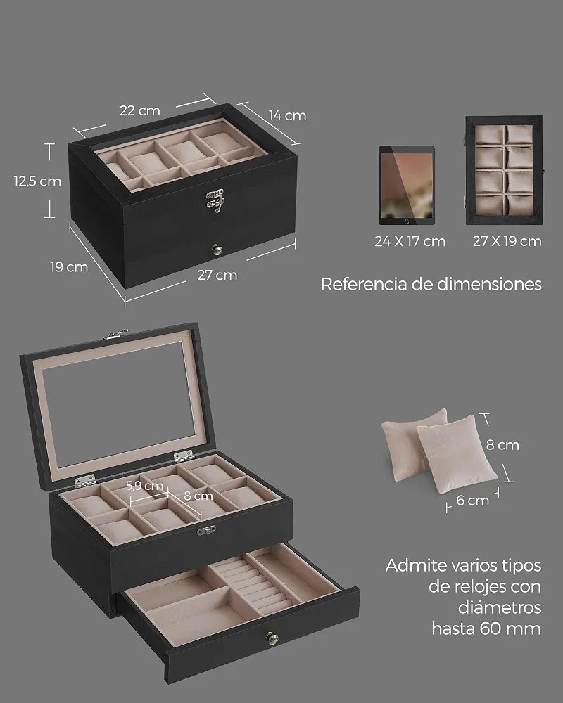 SONGMICS JOW008B01Caja de Relojes de Madera con 8 Ranuras - Imagen 2