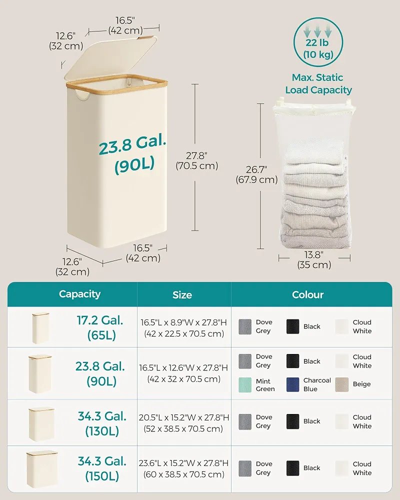 SONGMICS LCB509W01 Cesto de ropa sucia de 90 litros con tapa - Imagen 2