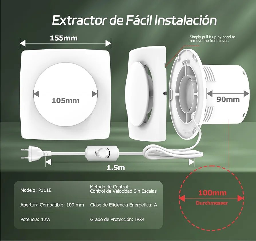 Extractor de baño de 100 mm con regulador de velocidad - Imagen 2